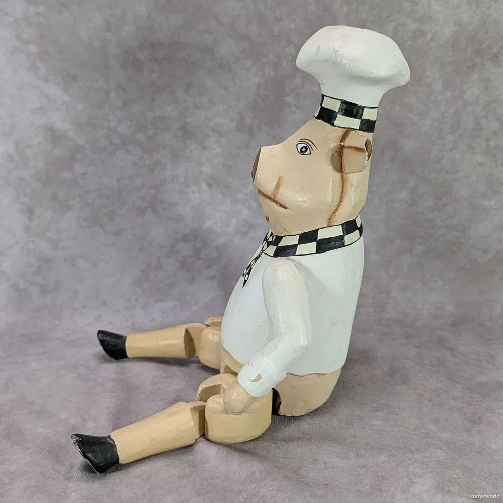 Wooden Pig Chef Articulated Shelf Sitter Hand Carved Folk Art Indonesian